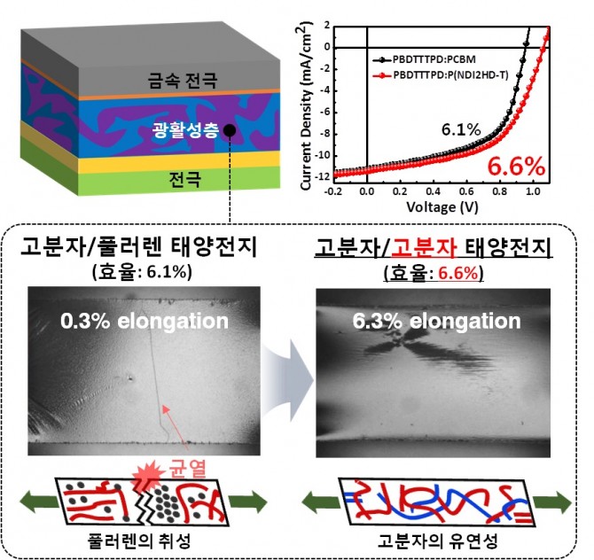 풀러렌 대신 고분자 물질을 사용하니 효율이 더 높아진 것은 물론 더 유연해지고 내구성이 강해졌다. - KAIST 제공